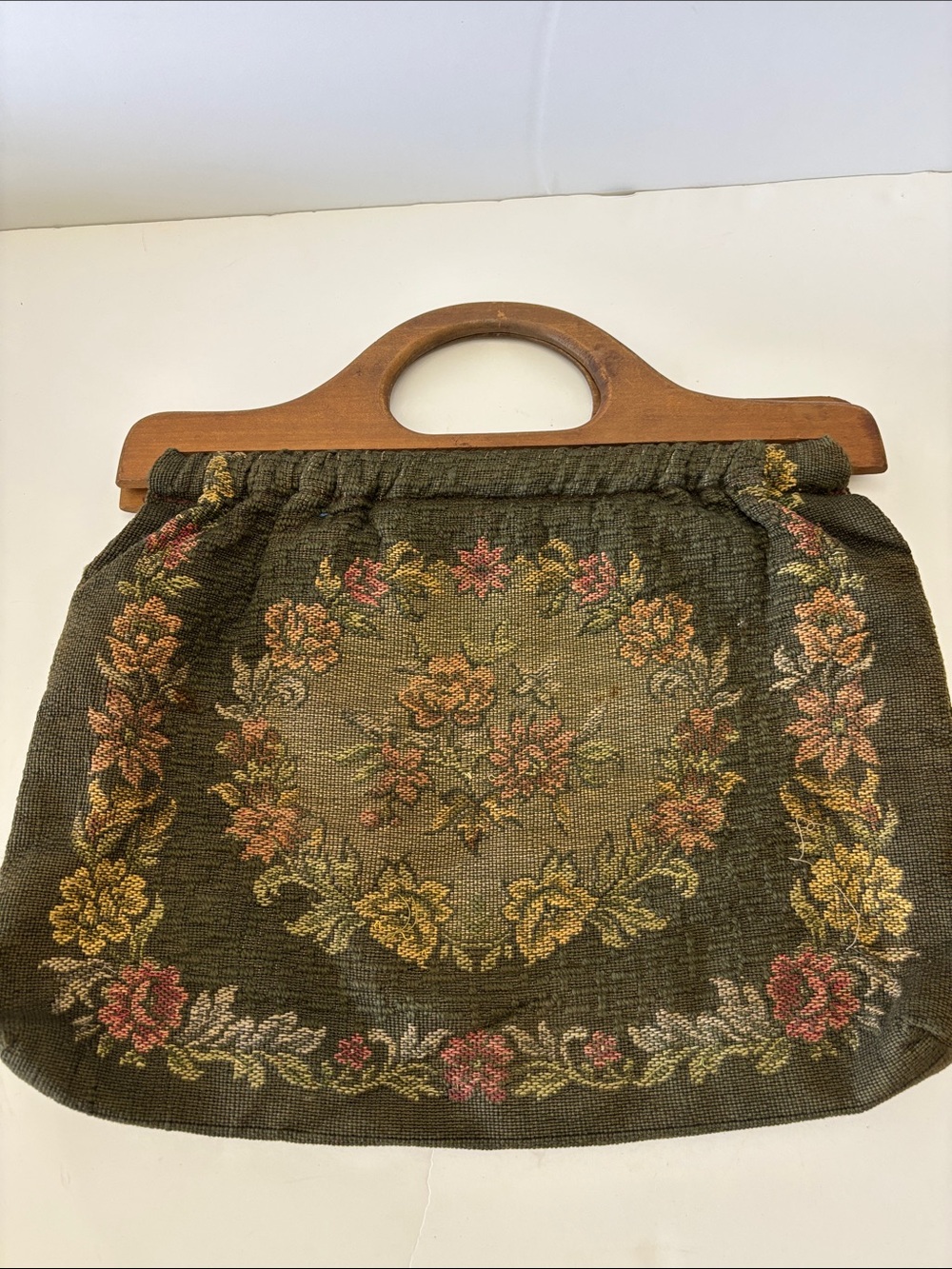 Vintage Olive Floral Tapestry Satchel with Wooden Handles